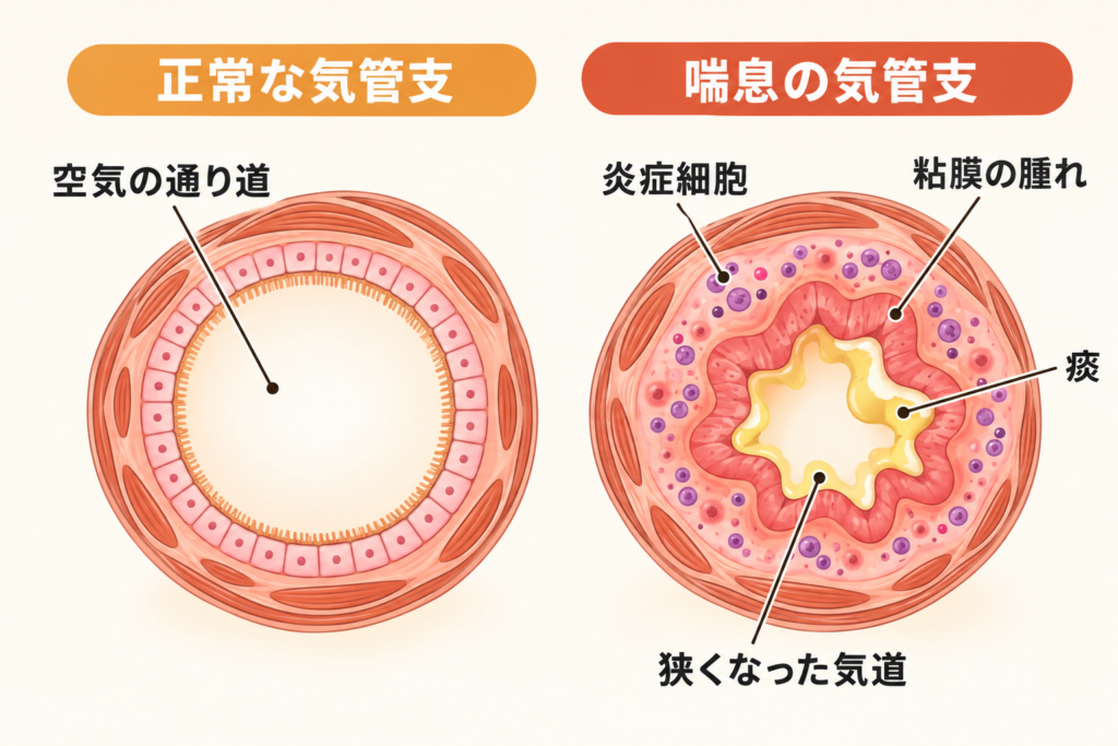 正常な気管支と気管支喘息による気道狭窄の比較