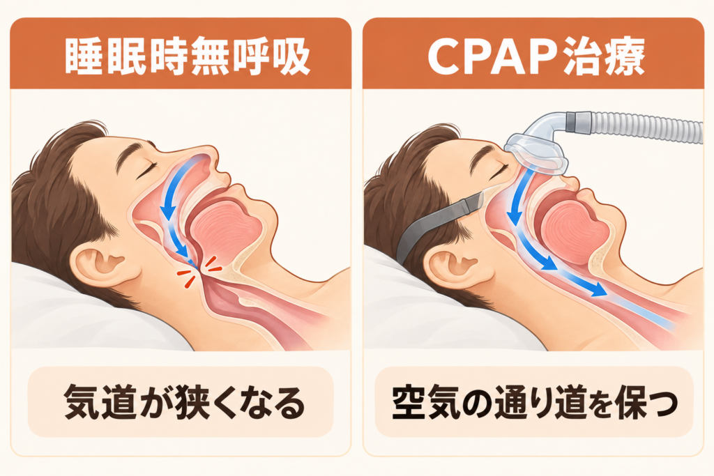 睡眠時無呼吸症候群の状態とCPAP治療の仕組み